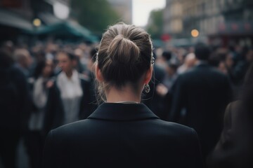 Businesswoman in the Crowd, Blurry Background, Rear View. Generative AI illustrations