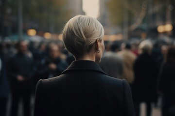 Fototapeta premium Businesswoman in the Crowd, Blurry Background, Rear View. Generative AI illustrations