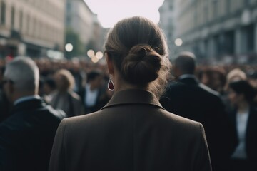 Fototapeta premium Businesswoman in the Crowd, Blurry Background, Rear View. Generative AI illustrations