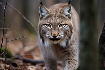 Fototapeta premium Lynx looks with predatory eyes from the shelter, hidden in the forest while walking