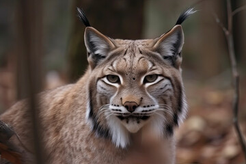 Obraz premium Lynx looks with predatory eyes from the shelter, hidden in the forest while walking