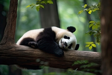 Obraz premium Panda Bear Sleeping on a Tree Branch, China Wildlife