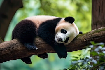 Fototapeta premium Panda Bear Sleeping on a Tree Branch, China Wildlife