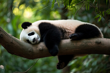 Obraz premium Panda Bear Sleeping on a Tree Branch, China Wildlife