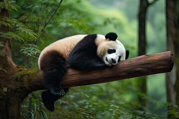 Obraz premium Panda Bear Sleeping on a Tree Branch, China Wildlife