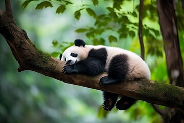 Fototapeta premium Panda Bear Sleeping on a Tree Branch, China Wildlife