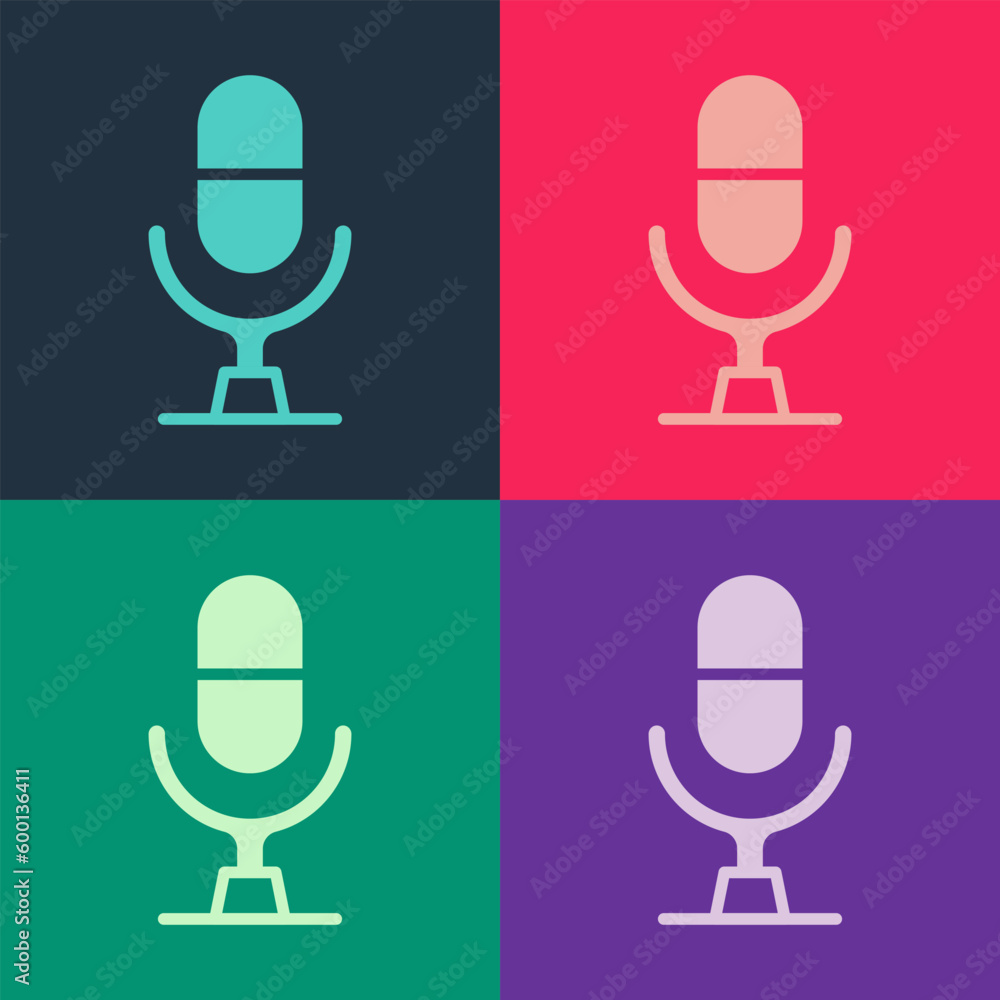 Poster pop art microphone voice device icon isolated on color background. microphone interpreter and alphab