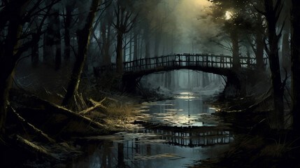 Mystical Forest at Night Time with Water and A Bridge Made with Generative AI