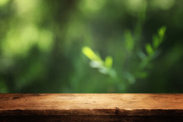 Empty rustic table in front of countryside background. product display and picnic concept