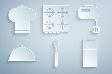 Set Spoon, Electric mixer, Covered with tray, Refrigerator, Gas stove and Chef hat icon. Vector