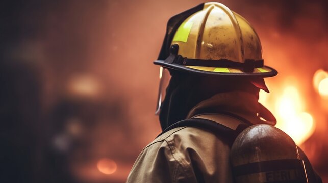 Brave firefighter with a fire behind, Generative AI