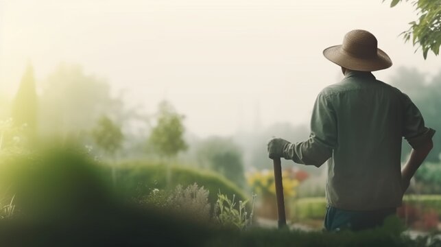 A landscaper in a garden looking in the distance