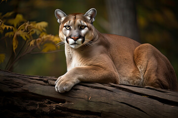 Portrait of a cougar, mountain lion, puma, panther, striking a pose on a fallen tree