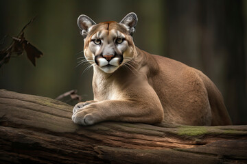 Portrait of a cougar, mountain lion, puma, panther, striking a pose on a fallen tree