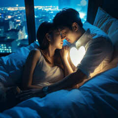 couple, young lady, kiss, hug, bed, Manshon, hotel, tower, high floor, bed, nice view, sex, night view, night, fantastic background (5)