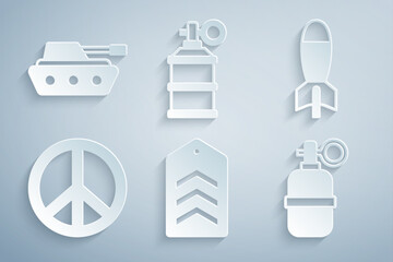 Set Chevron, Rocket launcher, Peace, Hand grenade, smoke and Military tank icon. Vector