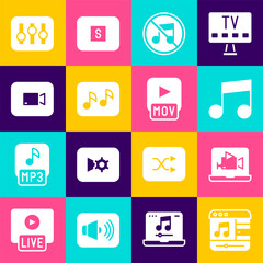 Set Music player, Online video, note, tone, Speaker mute, Play button, Sound mixer controller and MOV file icon. Vector