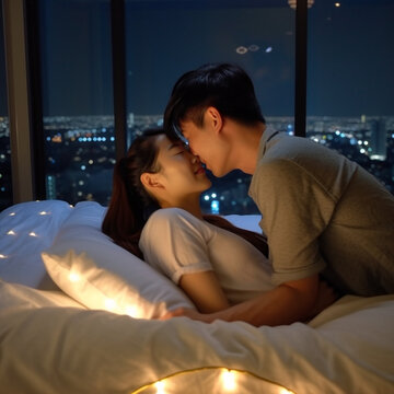 ouple, young lady, kiss, hug, bed, Manshon, hotel, tower, high floor, bed, nice view, sex, night view, night, fantastic background (4).