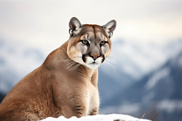 Portrait of a cougar, mountain lion, puma, Winter mountains
