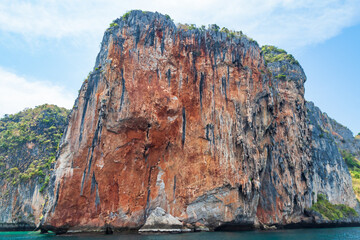 Red rock on phi phi leh island in krabi in thailand