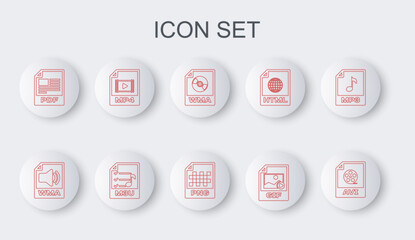 Set line AVI file document, WMA, GIF, PDF, MP4, M3U and PNG icon. Vector