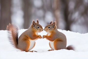 Portrait of squirrels close up on a background of white snow