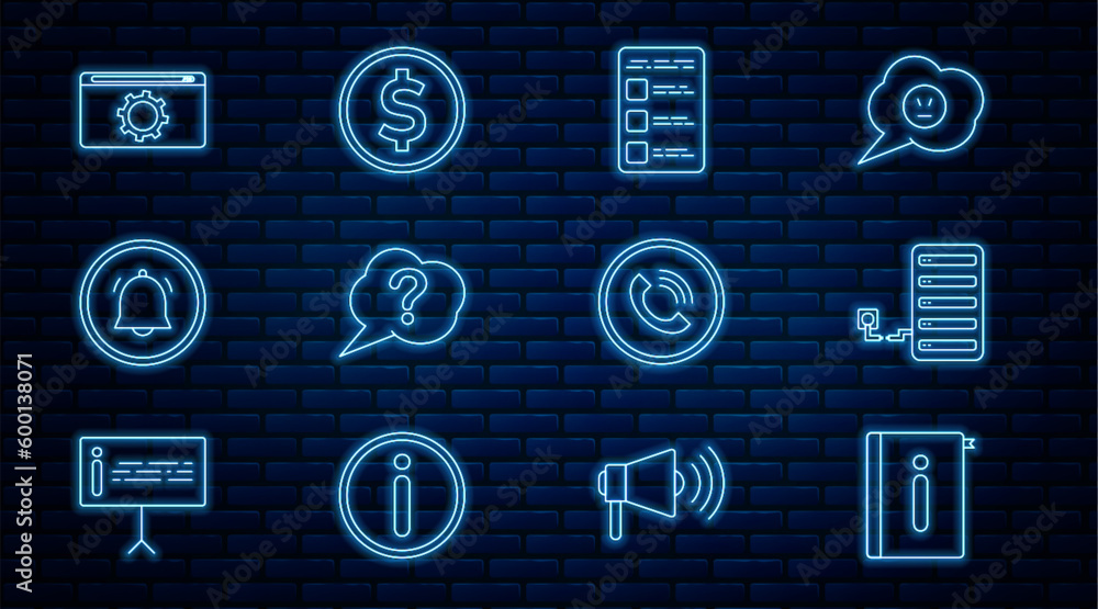 Poster set line user manual, server, create account screen on mobile, speech bubble question, button chat n