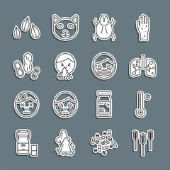 Set line Wheat, Medical digital thermometer, Lungs, Parasite mite, Handkerchief to his runny nose, Peanut, Sesame seeds and Face in protective mask icon. Vector