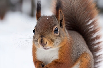 Portrait of squirrels close up on a background of white snow