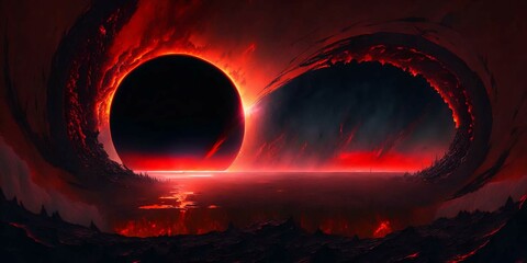 A large black hole in the middle of a red sky - generative AI
