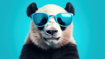 Fototapety  Close up of a cute cool panda with blue sunglasses, Generative AI
