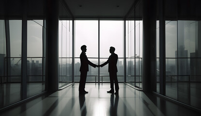Fototapeta na wymiar silhouette of people in office shaking hands, generative ai