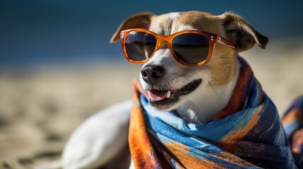 Fototapeta na wymiar Cute dog with sunglasses in a blanket on the beach, Generative AI