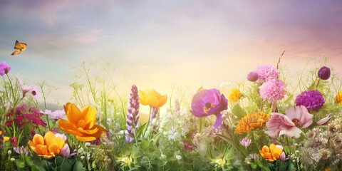 beautiful flowers in a spring green field, colorful, generative ai