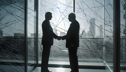 two business people shaking hands in front of an indoor office building, generative ai
