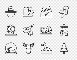 Set line Montreal Biosphere, Christmas tree, Mountains, Moose head with horns, Canadian ranger hat, Peameal bacon, Flying duck and Inukshuk icon. Vector