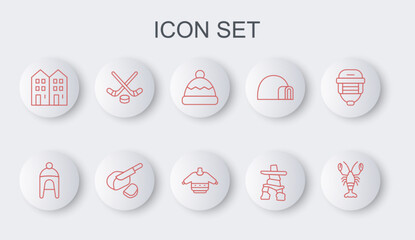 Set line Lobster, Winter hat, Beanie, Inukshuk, House, Ice hockey sticks and puck, Peameal bacon and Christmas sweater icon. Vector