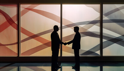 Fototapeta na wymiar businessman shaking hands in front of a large window, in the style of precisionism influence, generative ai