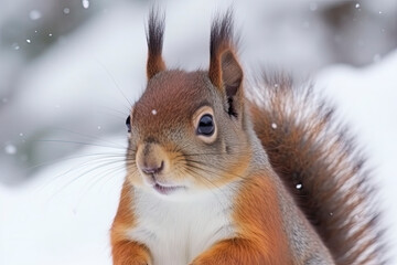 Obraz premium Portrait of squirrels close up on a background of white snow