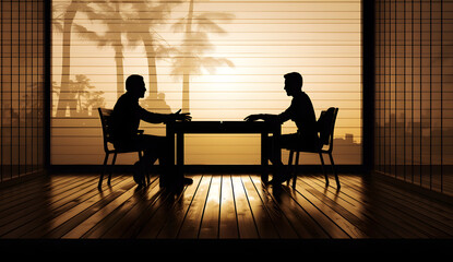 commercial business meeting between two men ,silhouette on wooden floor with transparent background, generative ai