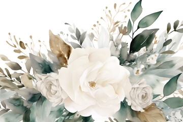 bouquet of white roses on white background,  in the style of soft watercolors, light emerald and beige, generative ai
