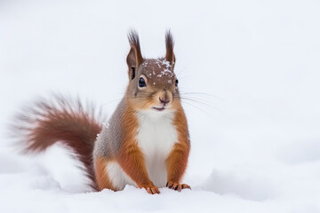 Portrait of squirrels close up on a background of white snow