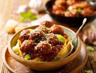 Pappardelle pasta with meatballs in a tomato sauce, sprinkled with parmesan cheese and chopped...