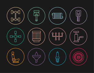 Set line Car wheel, air pump, radiator cooling system, filter, Wheel wrench, Chassis car, Gear shifter and Engine piston icon. Vector