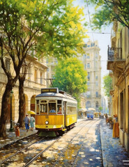 Naklejka na ściany i meble Yellow tram in Lisbon, Europe, Travel, Summer, Tourist1