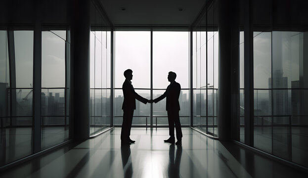 silhouette of people in office shaking hands, generative ai