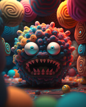 grumpy, kaleidoscopic cartoon bacteria, generative ai