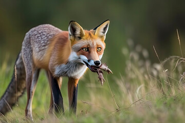 Red Fox after hunting, Vulpes vulpes, wildlife scene from Europe.Portrait of fox with prey on meadow