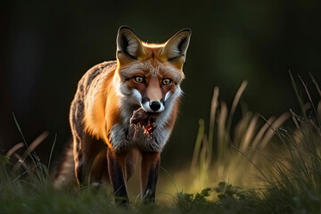 Fototapeta premium Red Fox after hunting, Vulpes vulpes, wildlife scene from Europe.Portrait of fox with prey on meadow