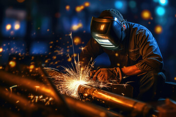 welder is welding metal with bokeh and sparkle background